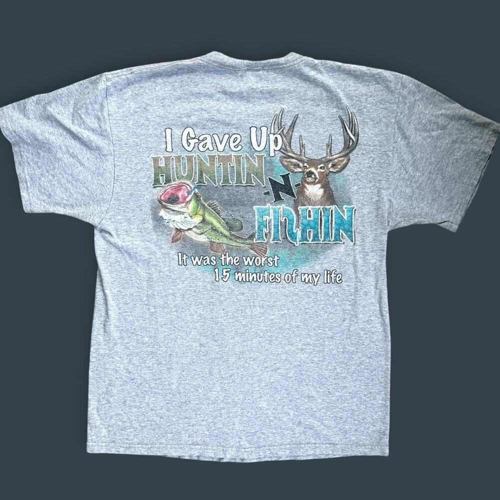 Hunting & Fishing Grey Graphic Tee Shirt Fruit Of The Loom Size Large Outdoors